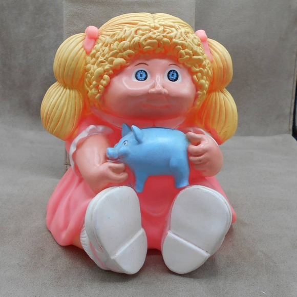 Cabbage Patch Doll Vinyl Bank 1983 Blonde/Blue Eye Girl Blue Piggy Bank - Picture 1 of 6
